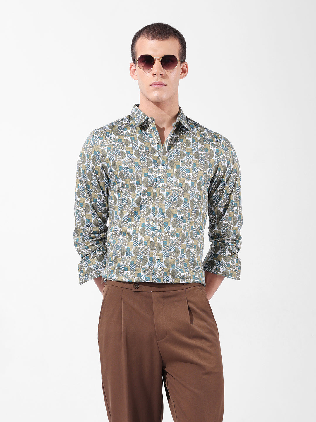 Men's Olive Slim Fit Printed Party Wear Shirt