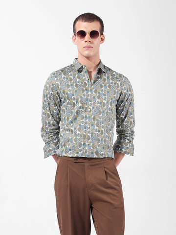 Men's Olive Slim Fit Printed Party Wear Shirt