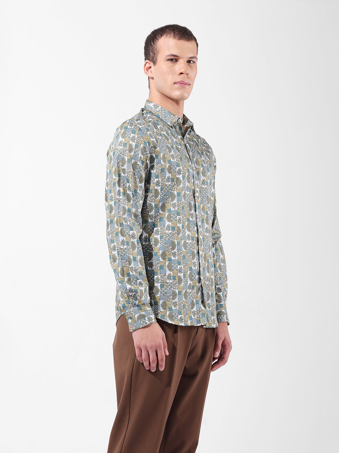 Men's Olive Slim Fit Printed Party Wear Shirt