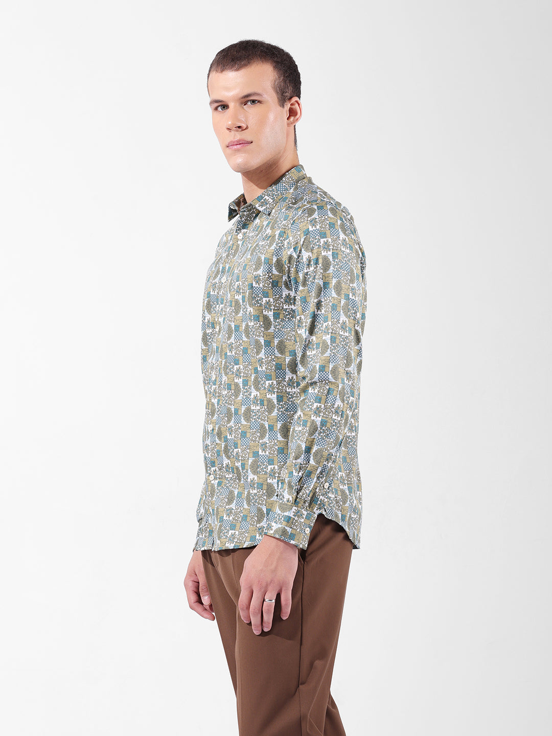 Men's Olive Slim Fit Printed Party Wear Shirt