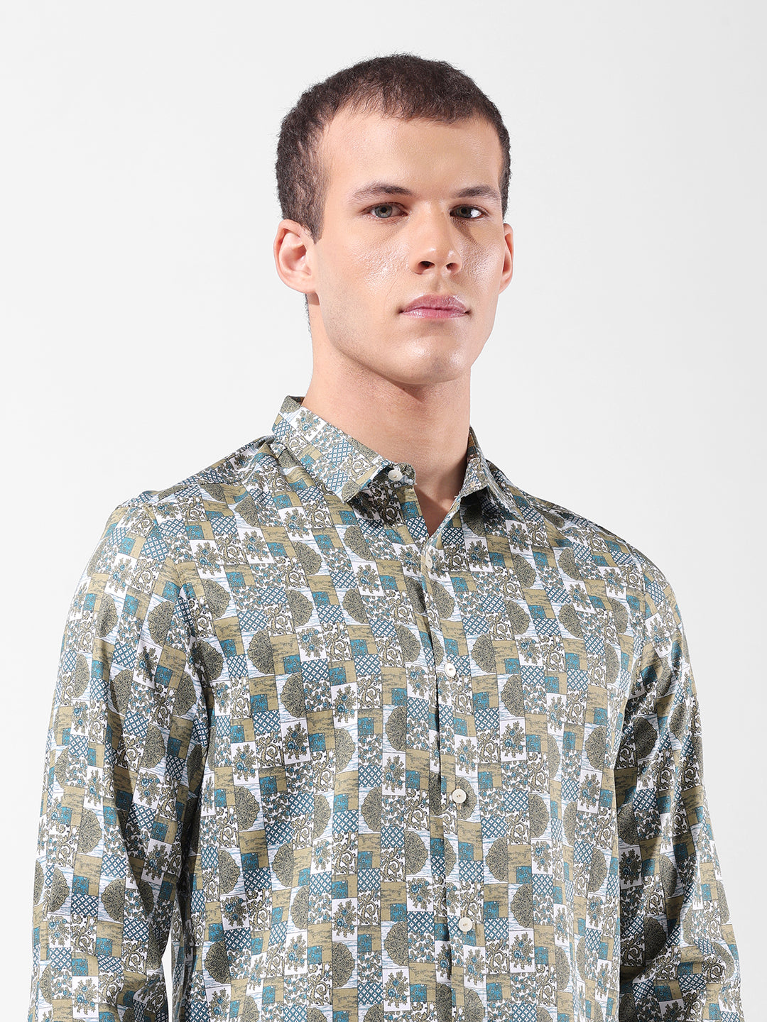 Men's Olive Slim Fit Printed Party Wear Shirt