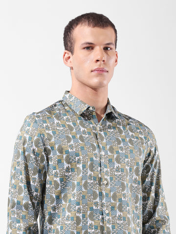 Men's Olive Slim Fit Printed Party Wear Shirt