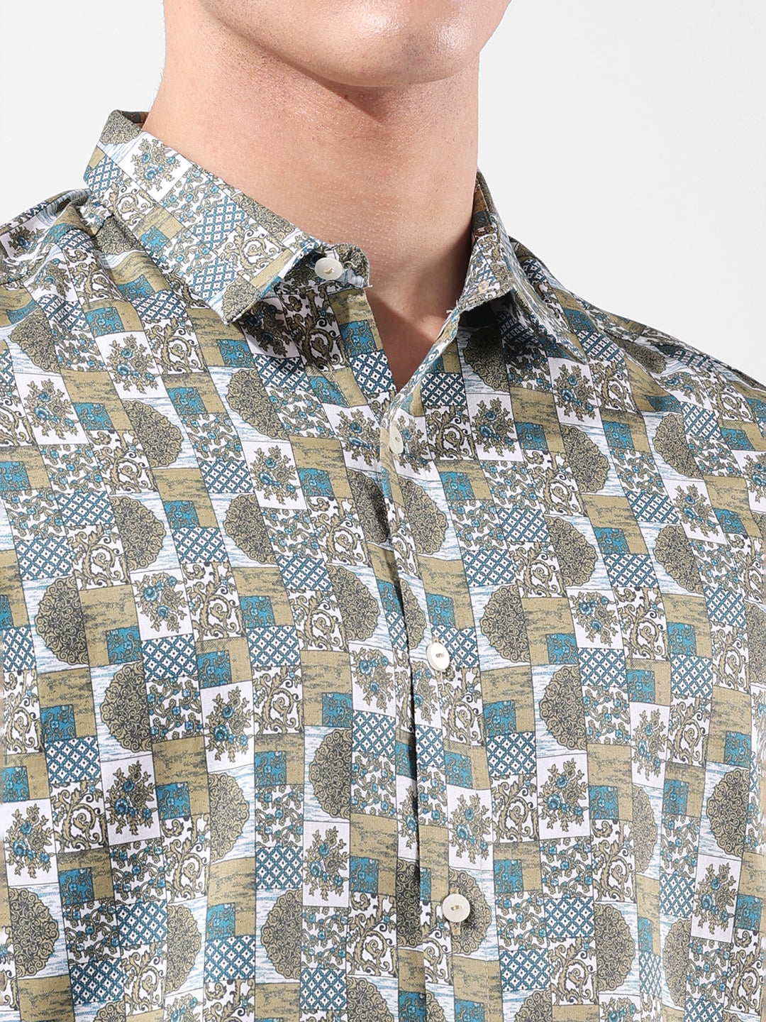 Men's Olive Slim Fit Printed Party Wear Shirt