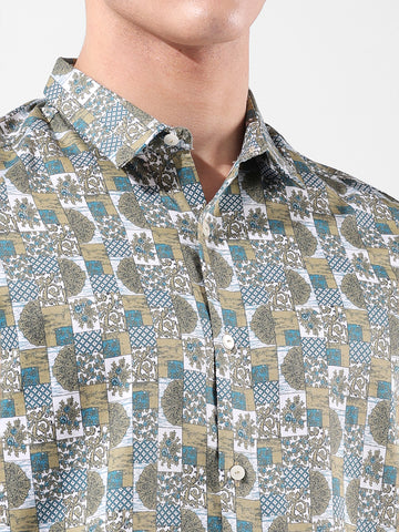 Men's Olive Slim Fit Printed Party Wear Shirt