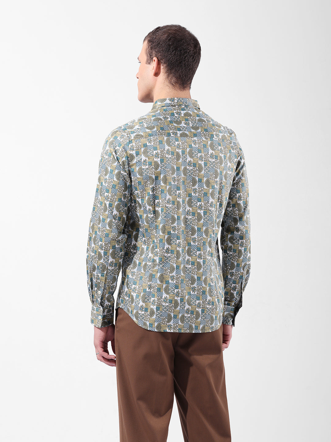 Men's Olive Slim Fit Printed Party Wear Shirt