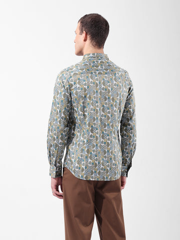 Men's Olive Slim Fit Printed Party Wear Shirt