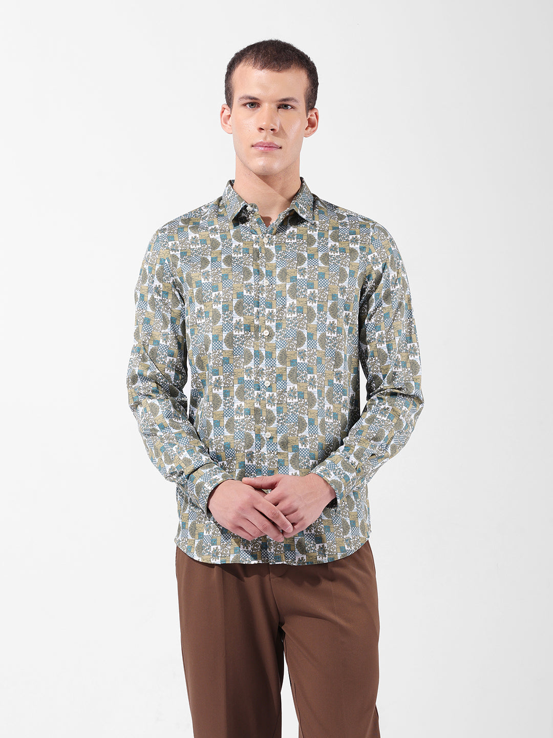Men's Olive Slim Fit Printed Party Wear Shirt