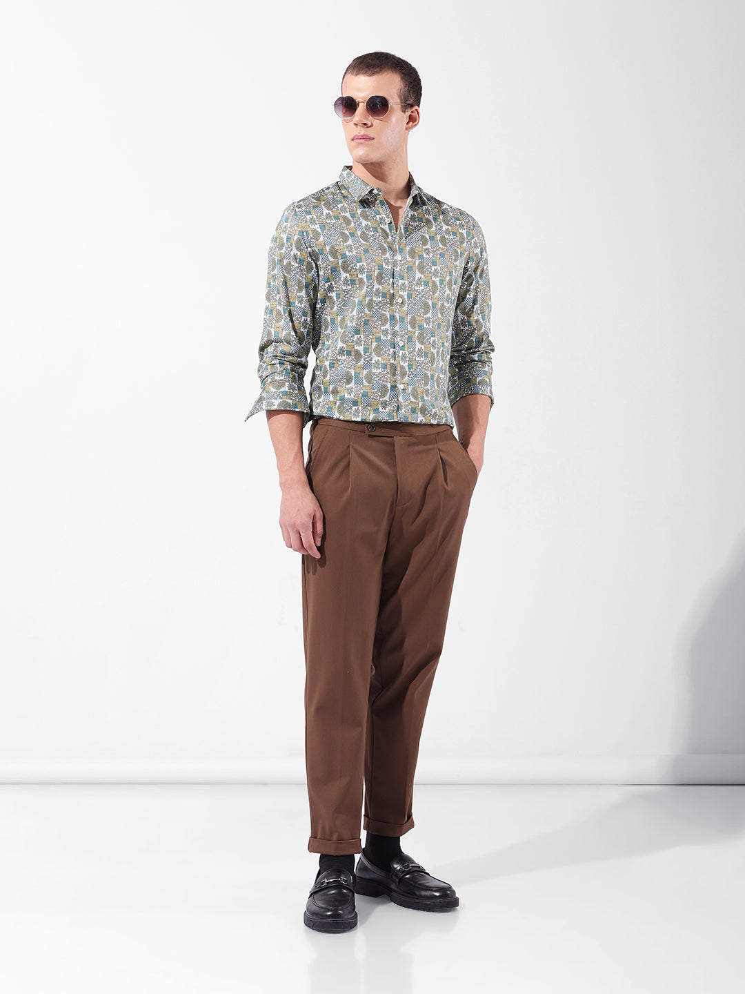 Men's Olive Slim Fit Printed Party Wear Shirt