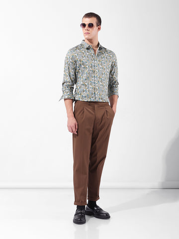 Men's Olive Slim Fit Printed Party Wear Shirt