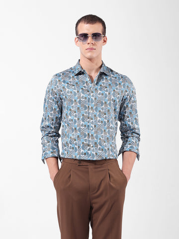 Men's Blue Slim Fit Printed Party Wear Shirt