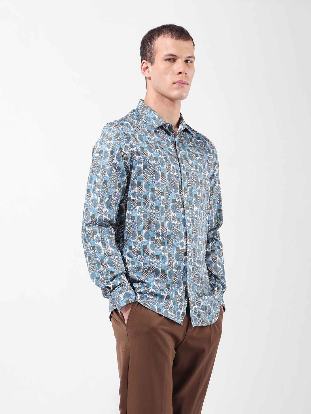 Men's Blue Slim Fit Printed Party Wear Shirt