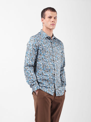 Men's Blue Slim Fit Printed Party Wear Shirt