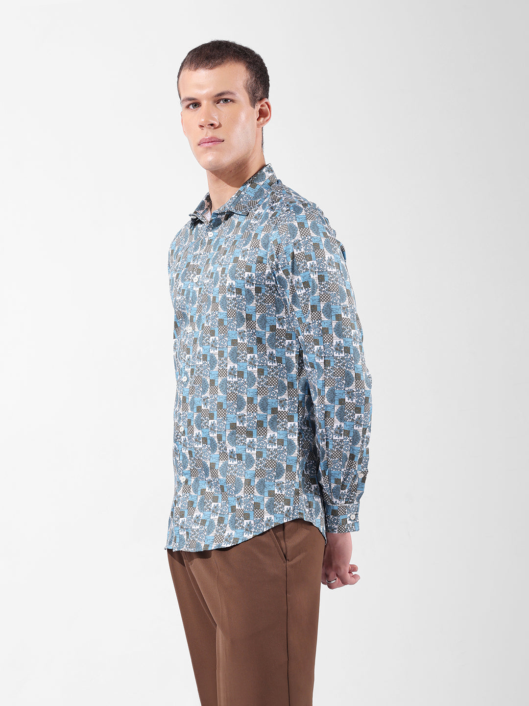 Men's Blue Slim Fit Printed Party Wear Shirt
