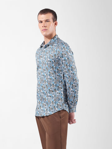 Men's Blue Slim Fit Printed Party Wear Shirt