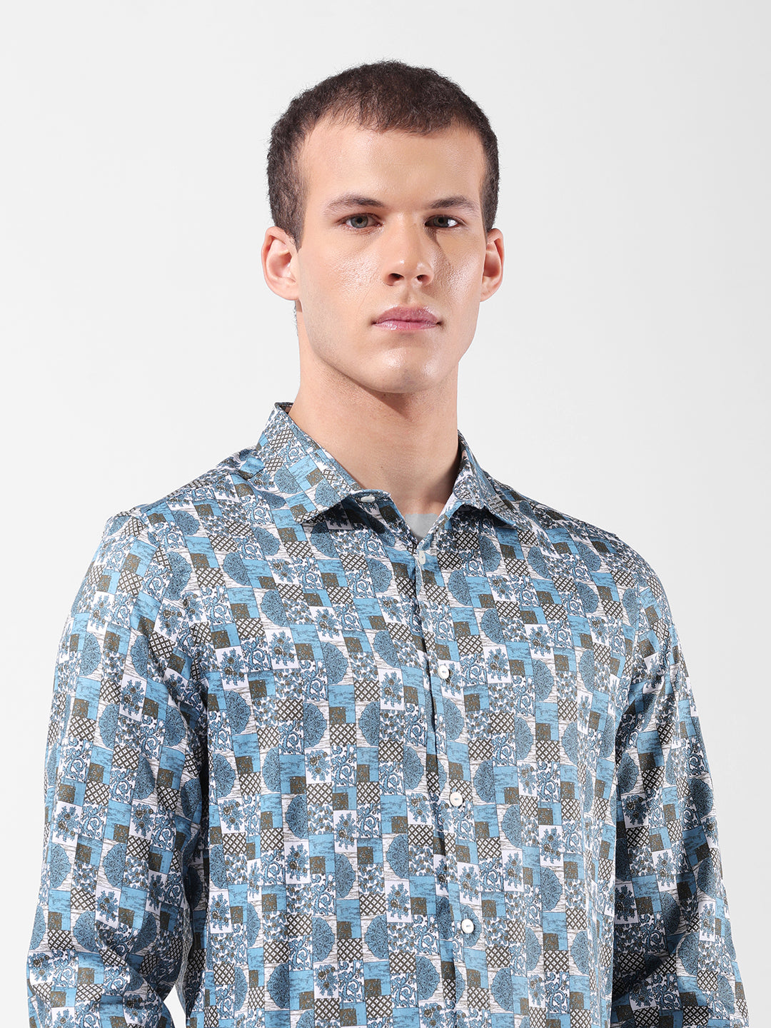 Men's Blue Slim Fit Printed Party Wear Shirt