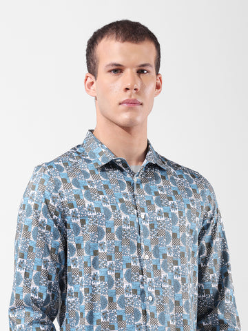 Men's Blue Slim Fit Printed Party Wear Shirt