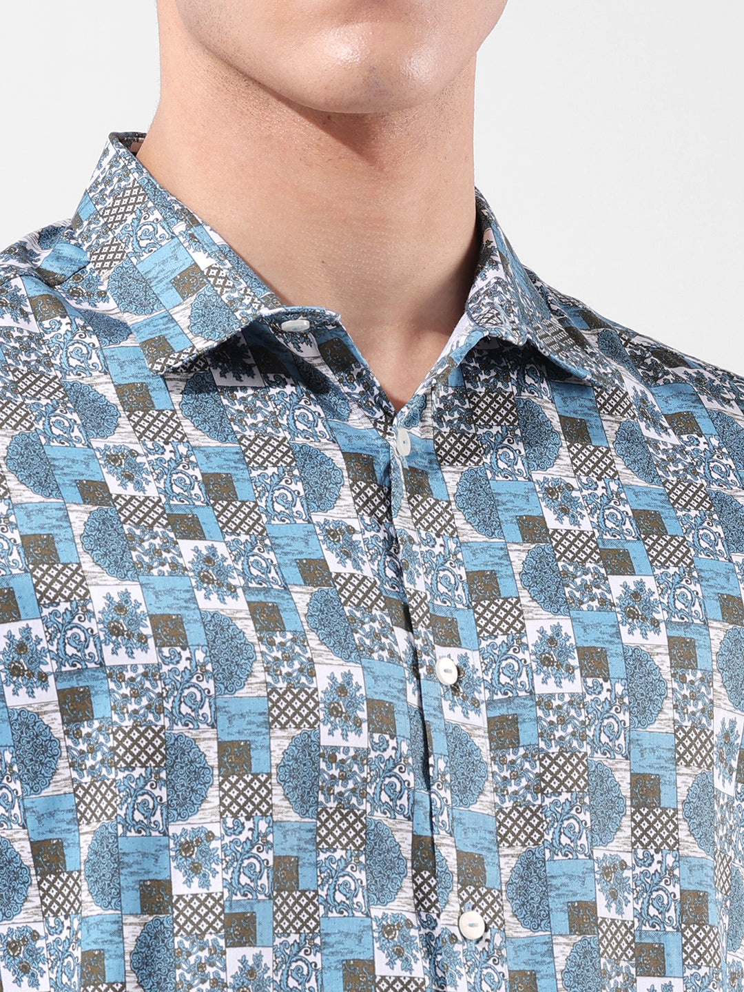Men's Blue Slim Fit Printed Party Wear Shirt