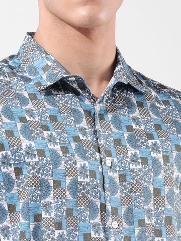 Men's Blue Slim Fit Printed Party Wear Shirt