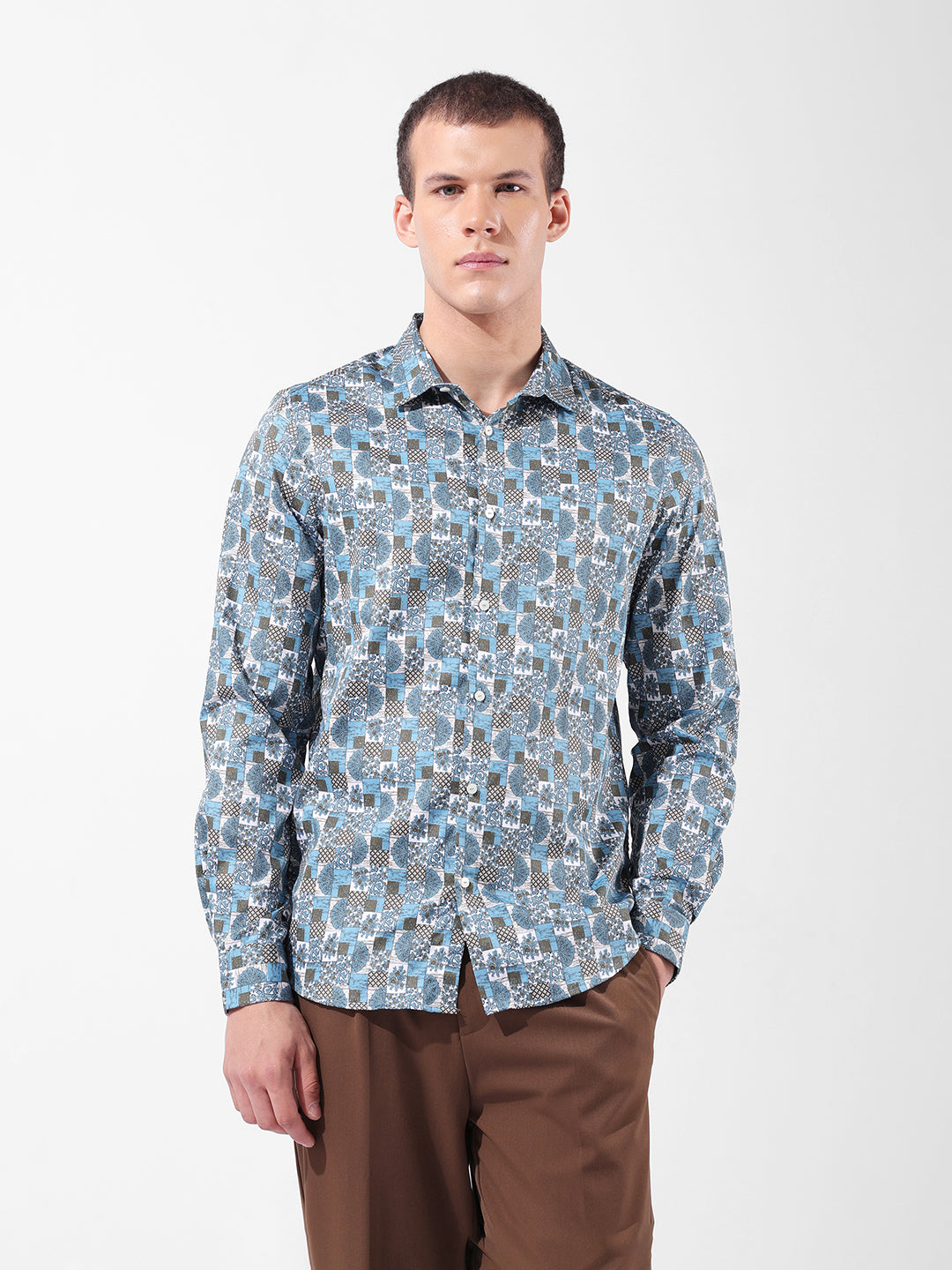 Men's Blue Slim Fit Printed Party Wear Shirt
