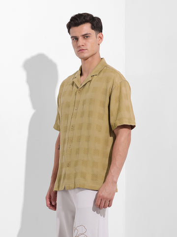 Men's Khaki Relaxed Fit Textured Resort Shirt