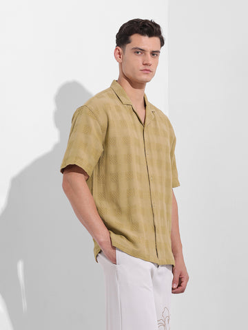 Men's Khaki Relaxed Fit Textured Resort Shirt