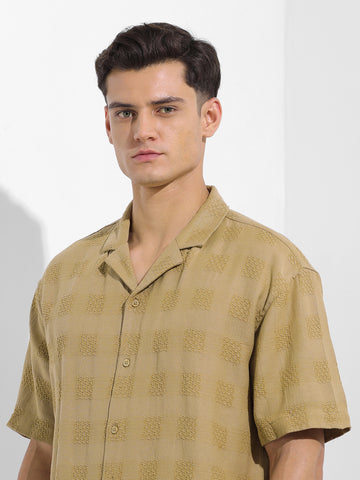 Men's Khaki Relaxed Fit Textured Resort Shirt