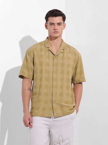 Men's Khaki Relaxed Fit Textured Resort Shirt