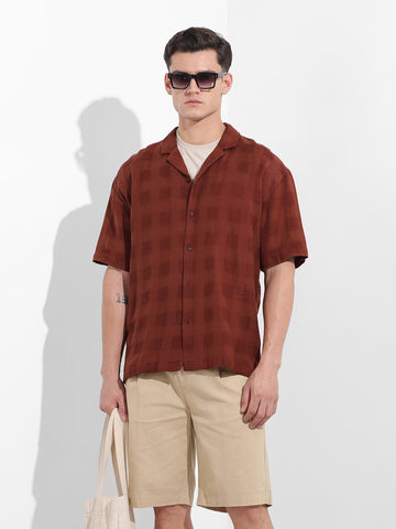 Men's Camel Relaxed Fit Textured Resort Shirt