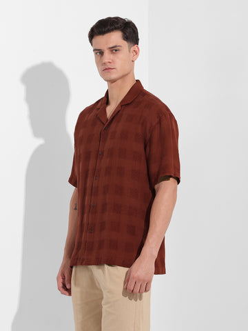 Men's Camel Relaxed Fit Textured Resort Shirt