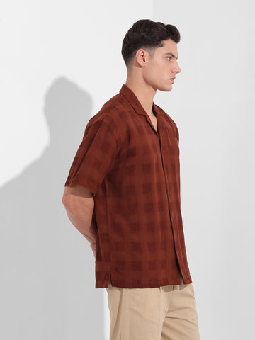 Men's Camel Relaxed Fit Textured Resort Shirt