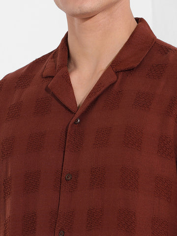 Men's Camel Relaxed Fit Textured Resort Shirt