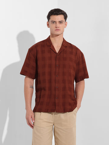 Men's Camel Relaxed Fit Textured Resort Shirt