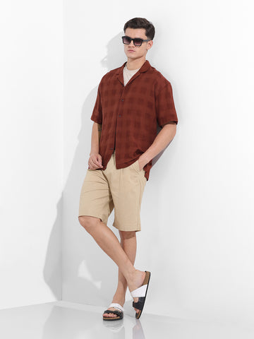 Men's Camel Relaxed Fit Textured Resort Shirt
