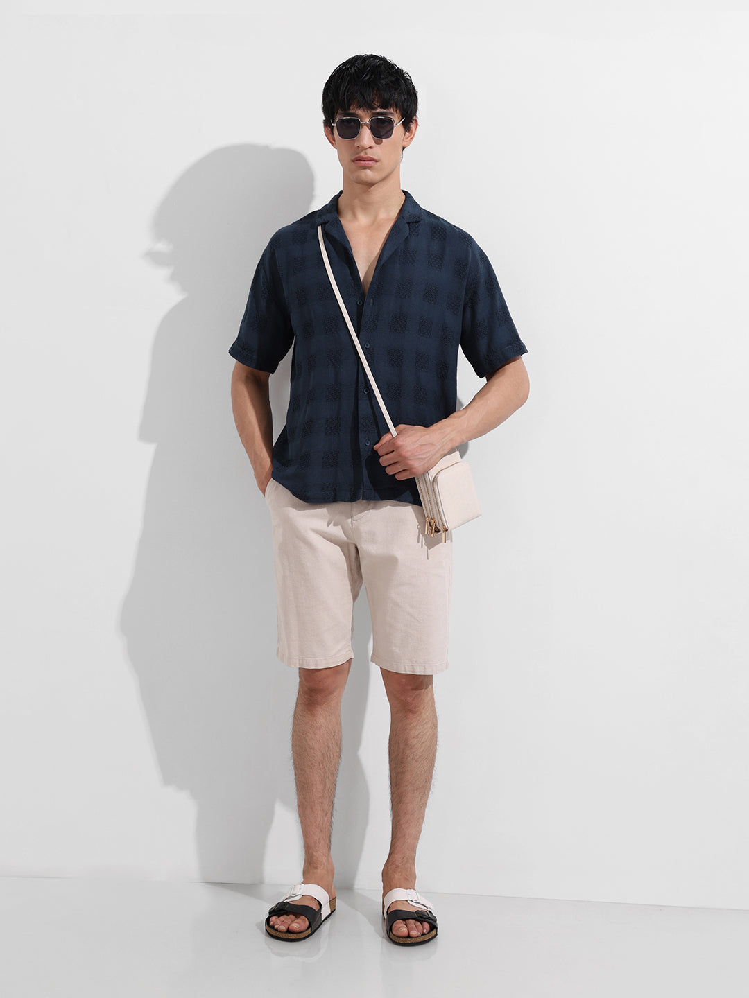 Men's Blue Relaxed Fit Resort Wear Textured Shirt