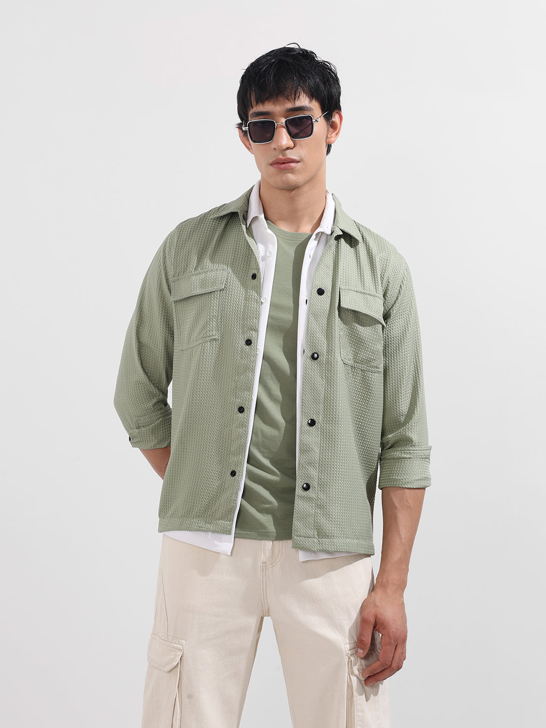Men's Green Regular Fit Textured Casual Shirt