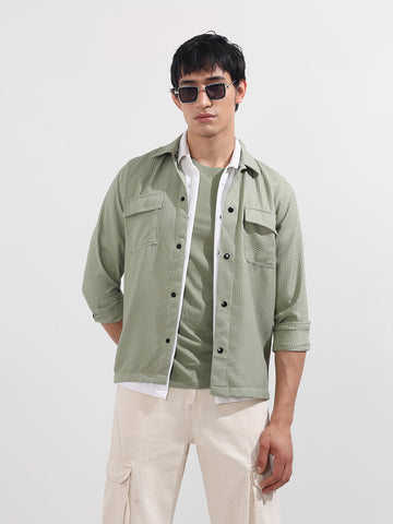 Men's Green Regular Fit Textured Casual Shirt
