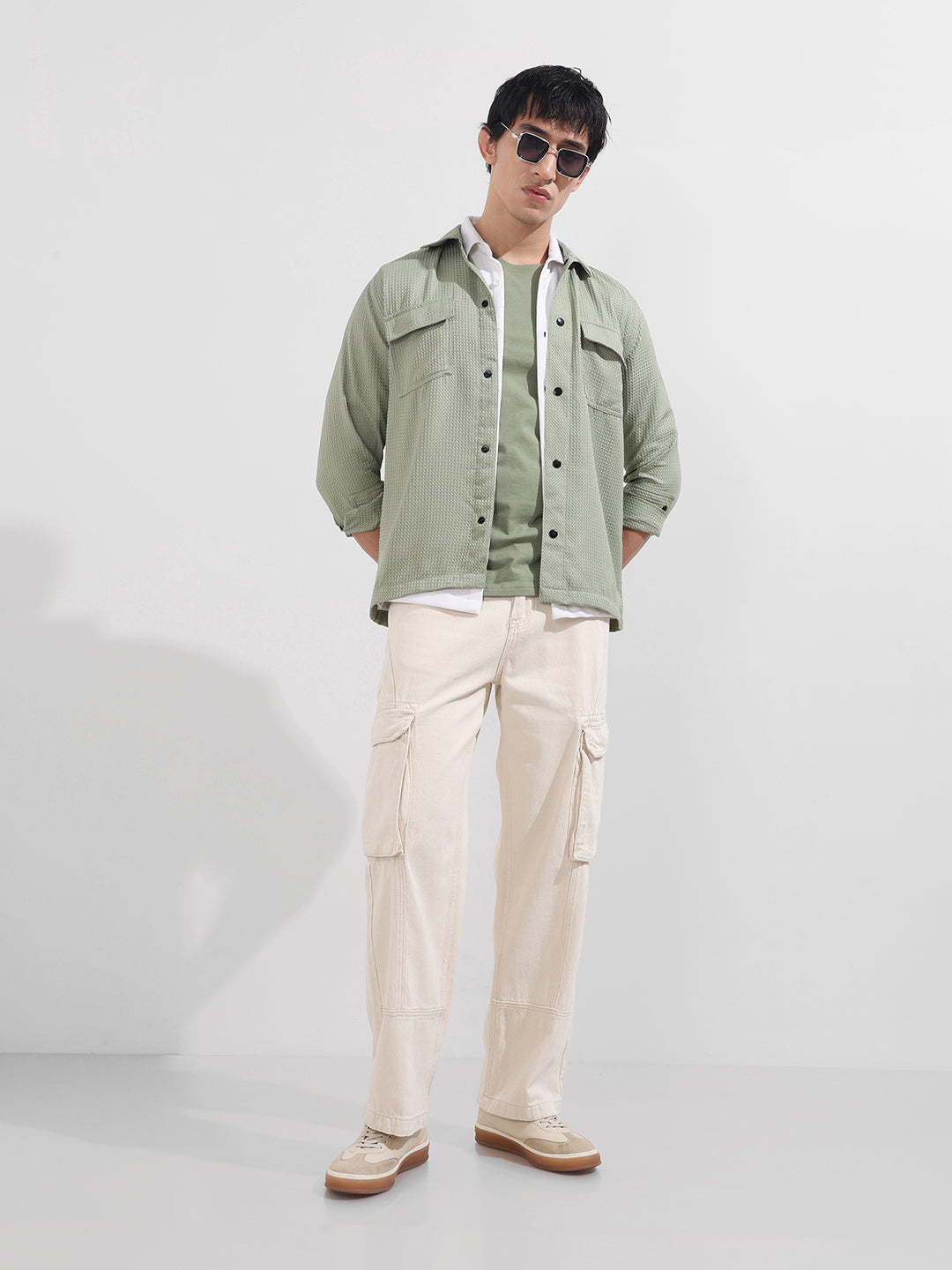 Men's Green Regular Fit Textured Casual Shirt