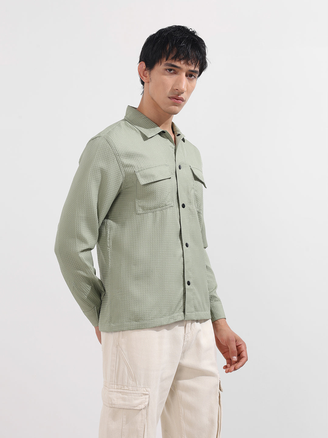 Men's Green Regular Fit Textured Casual Shirt