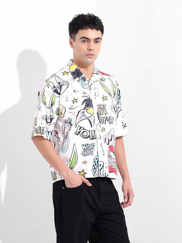 Men's White Boxy Fit Character Looney Tunes Shirt