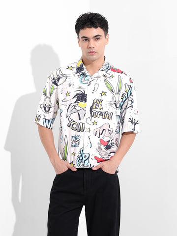 Men's White Boxy Fit Character Looney Tunes Shirt