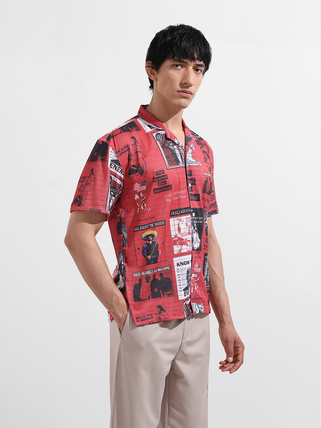 Men's Red Relaxed Fit Printed Resort Shirt