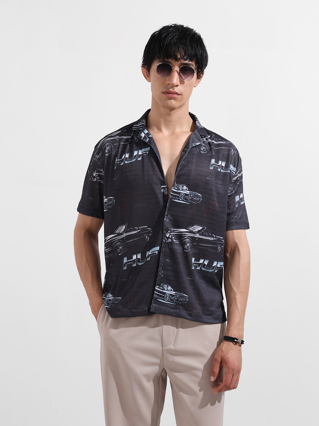 Men's Black Relaxed Fit Printed Resort Shirt