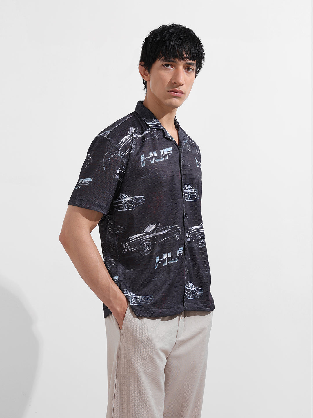 Men's Black Relaxed Fit Printed Resort Shirt