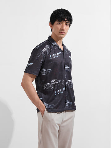 Men's Black Relaxed Fit Printed Resort Shirt