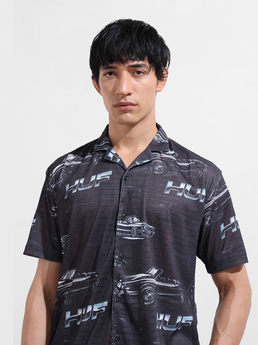 Men's Black Relaxed Fit Printed Resort Shirt