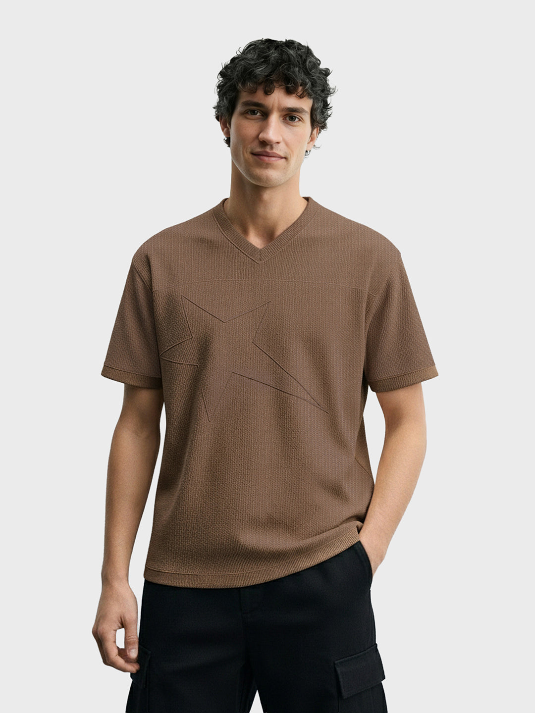 Men's Brown Boxy Fit Textured Casual T-Shirt
