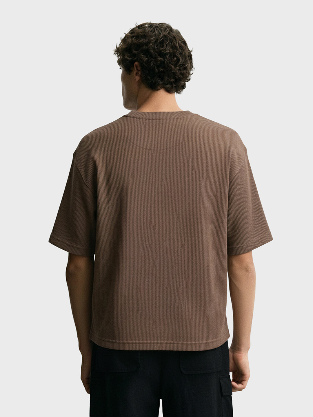Men's Brown Boxy Fit Textured Casual T-Shirt