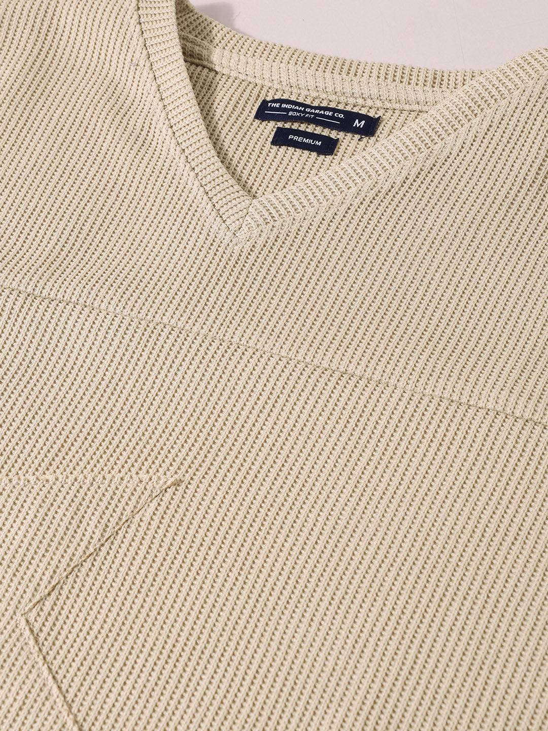 Men's Beige Boxy Fit Textured Casual T-Shirt