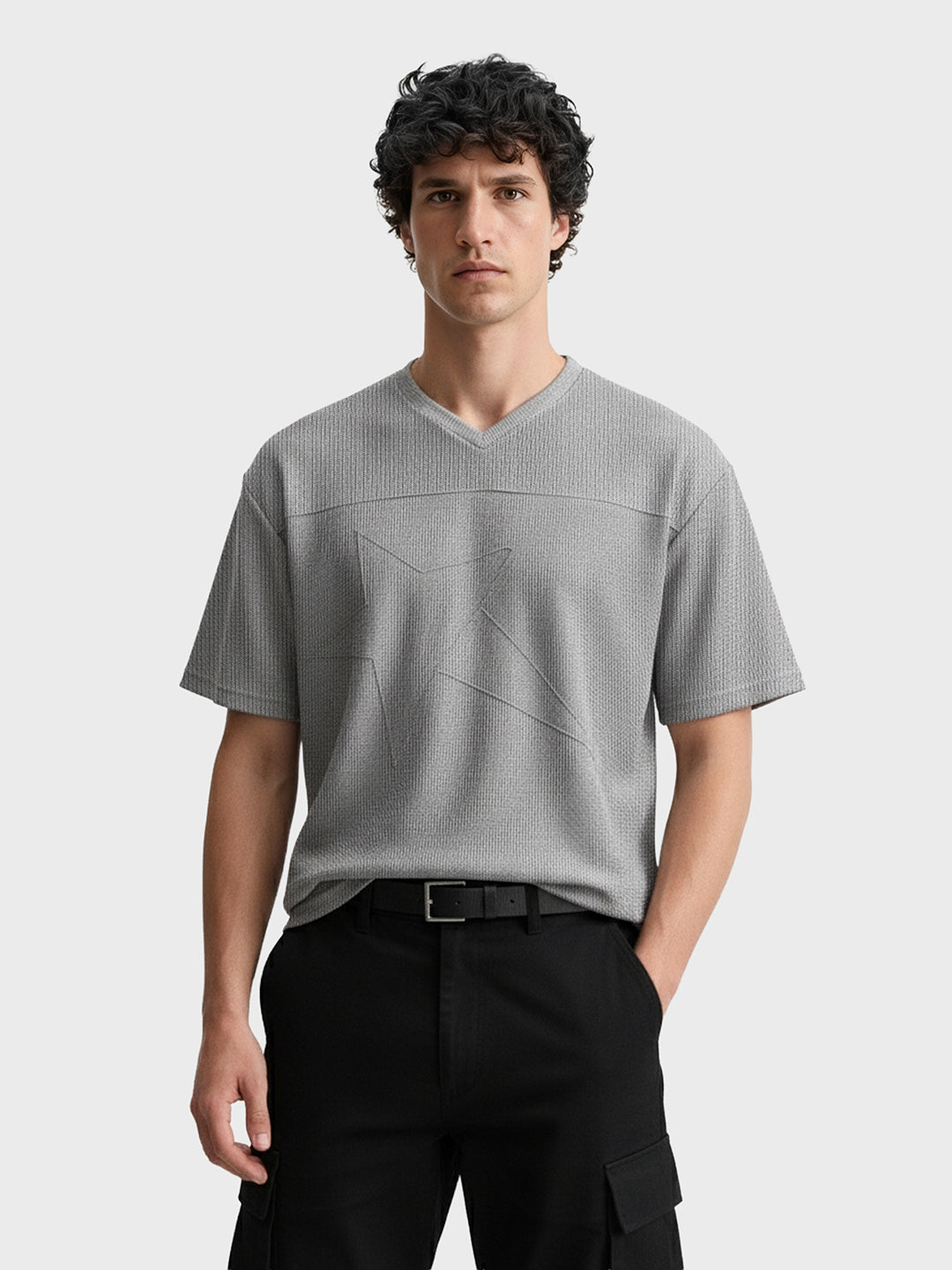 Men's Grey Boxy Fit Textured Casual T-Shirt