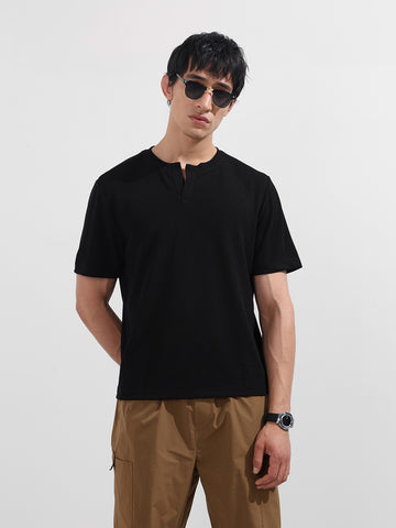 Men's Black Boxy Fit Textured Casual T-Shirt